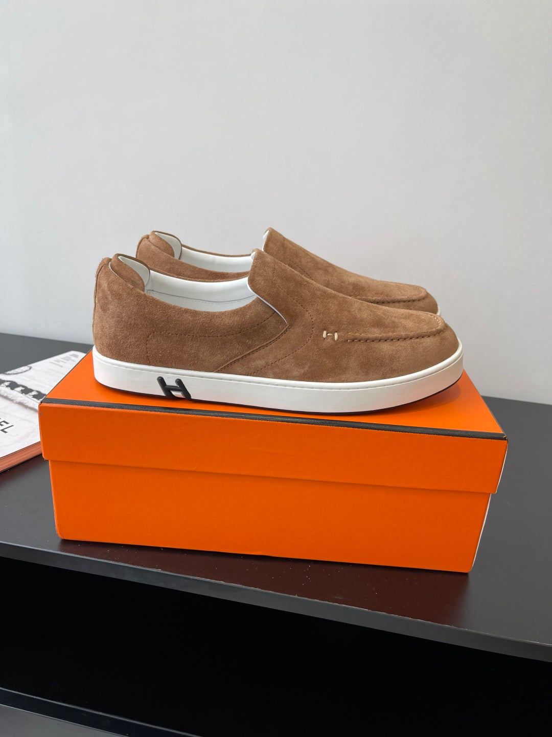Hermes suede slip-on loafers, tan with white edge and rubber sole