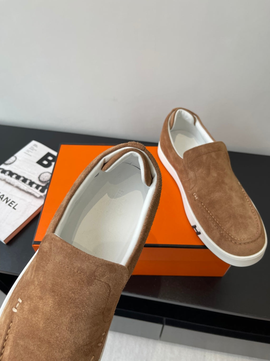 Hermes suede slip-on loafers, tan/brown with white interior lining