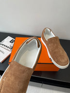 Hermes suede slip-on loafers, tan/brown with white interior lining