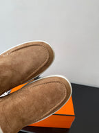 Hermes suede slip-on loafers heel detail, tan suede with stitched seam