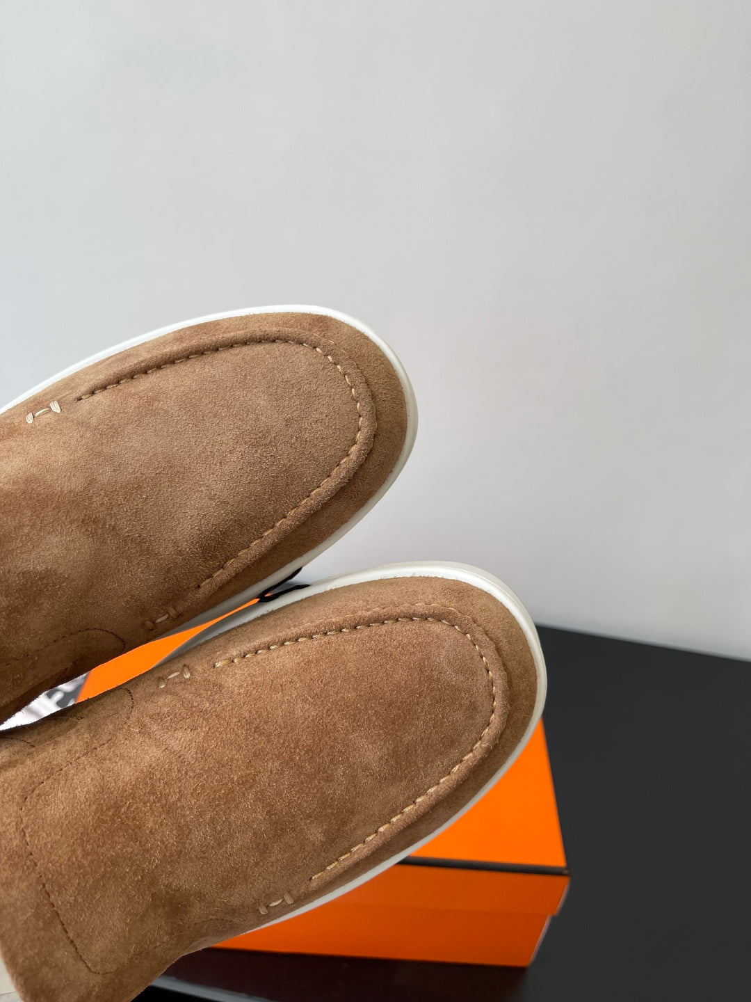 Hermes suede slip-on loafers heel detail, tan suede with stitched seam