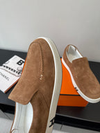 Hermes suede slip-on loafers, tan suede with white contrast sole