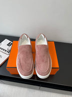 Ladies suede loafers, mauve-pink, slip-on style with white rubber sole