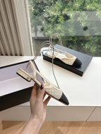 Single women's slingback heel, beige lace upper and black toe cap