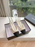 Women's slingback heels, beige mesh with black toe and block heel