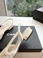 Women's slingback heel close-up, beige lace upper with ankle strap