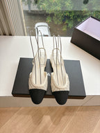 Women's slingback heels, beige woven uppers with black toe and heel