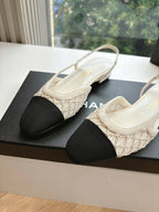 Women's slingback heels, beige woven fabric with black toe blocks