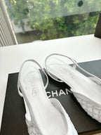 Chanel slingback shoes, white upper with CHANEL logo insole, on black box