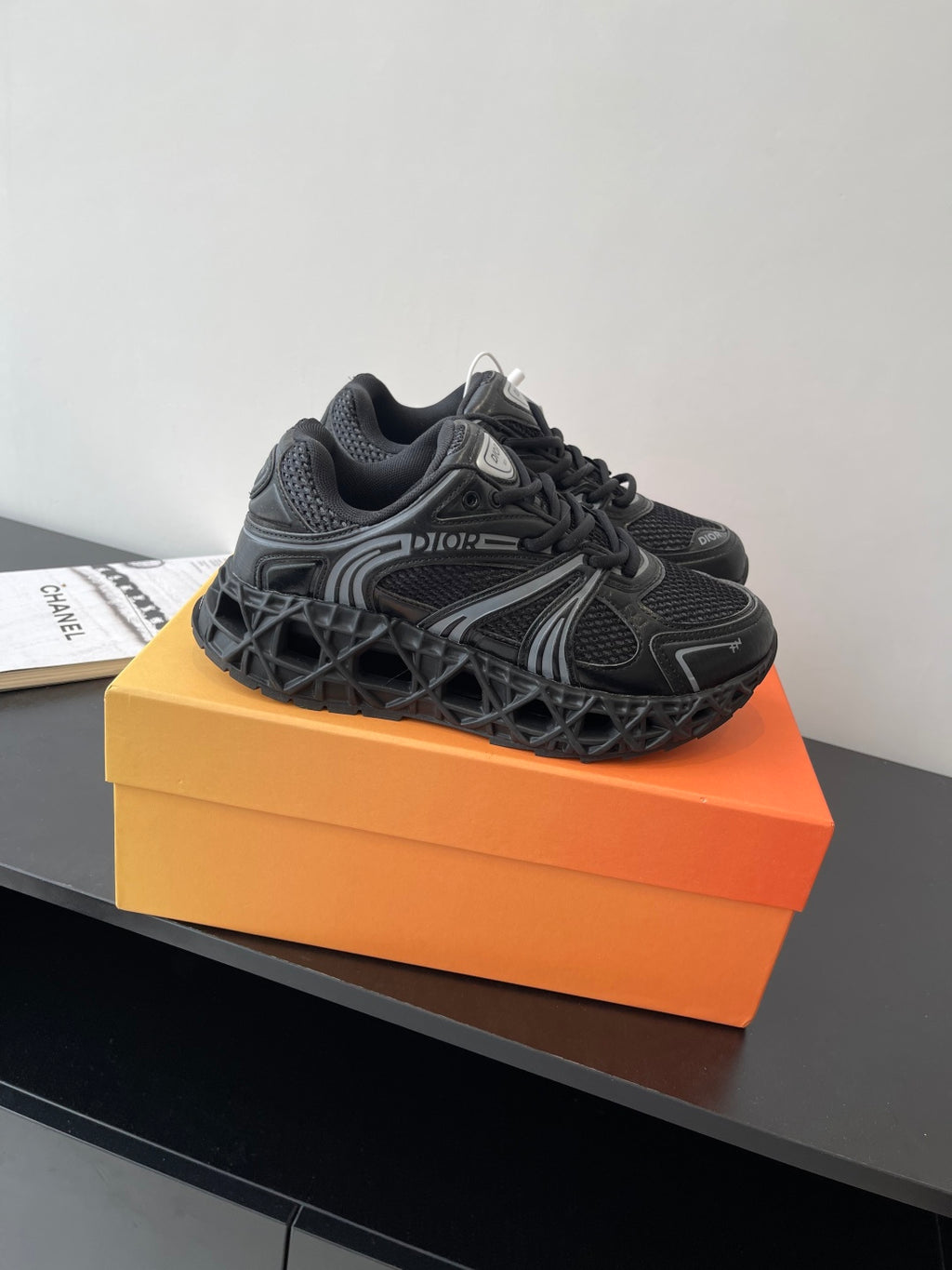 Dior ladies sneakers, black lace-up with side panel logos and chunky sole