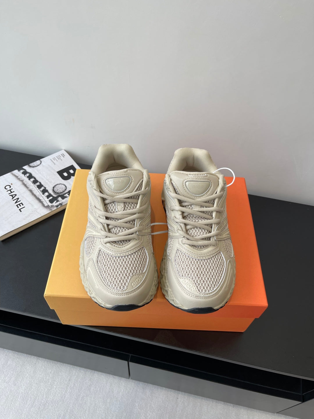 Cream lace-up sneaker with mesh panels and padded collar, women's Dior style