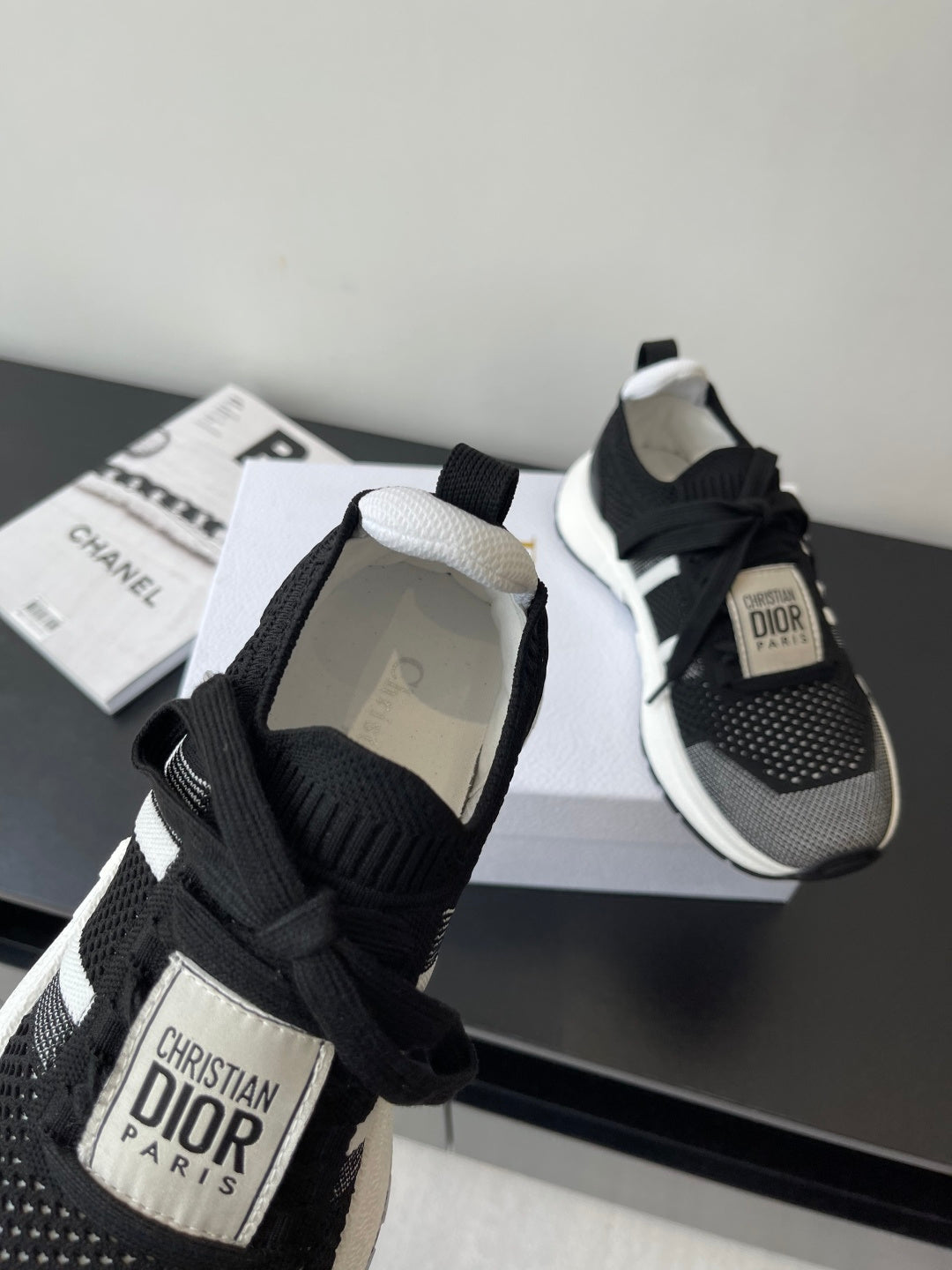 Dior women's black lace-up sneakers with logo tongue label and padded collar