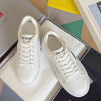 Unisex white leather lace-up sneakers with PRADA logo on tongue