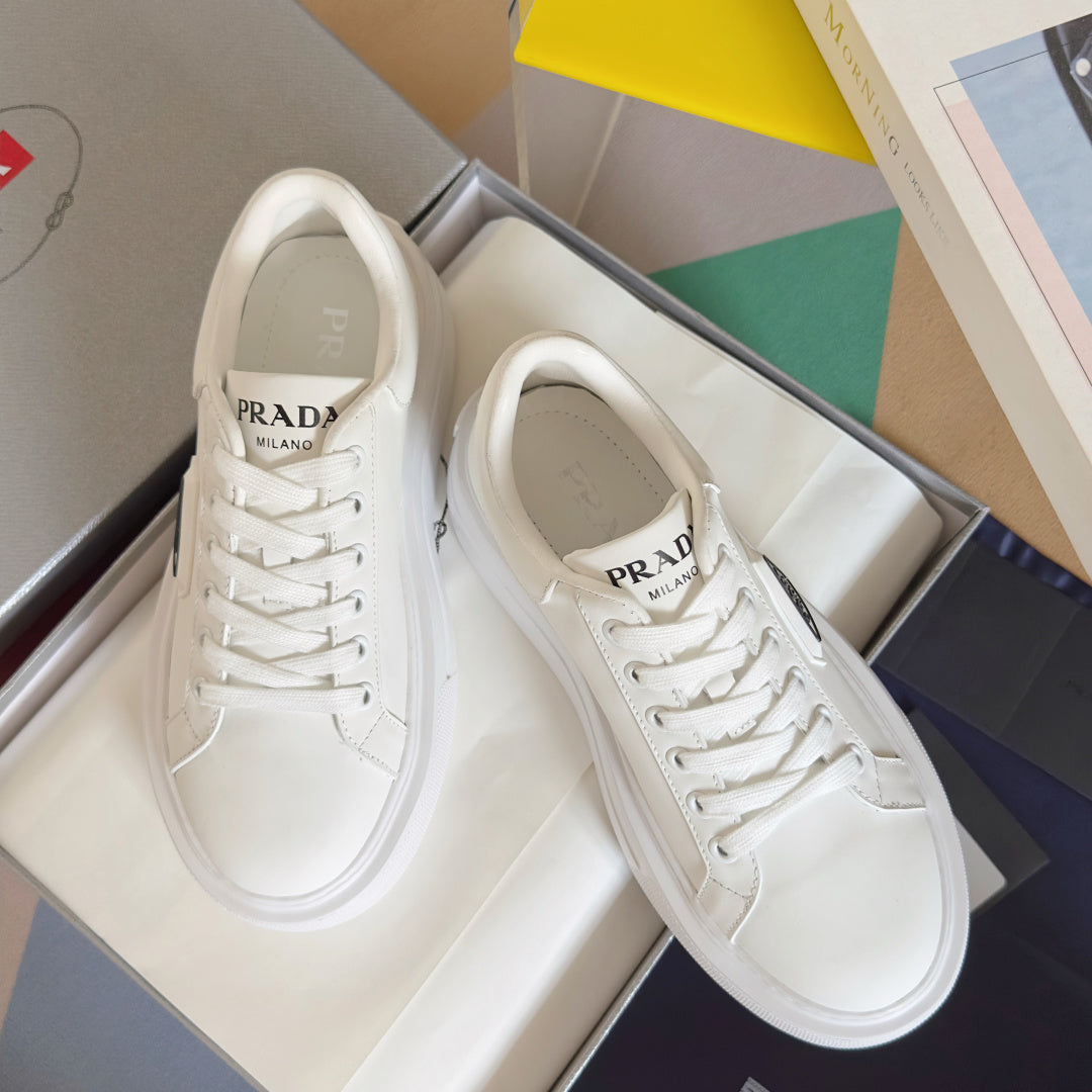 Unisex white leather lace-up sneakers with PRADA logo on tongue
