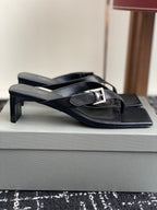 Balenciaga sandals, dark leather thong style with silver buckle on mid strap, low heel