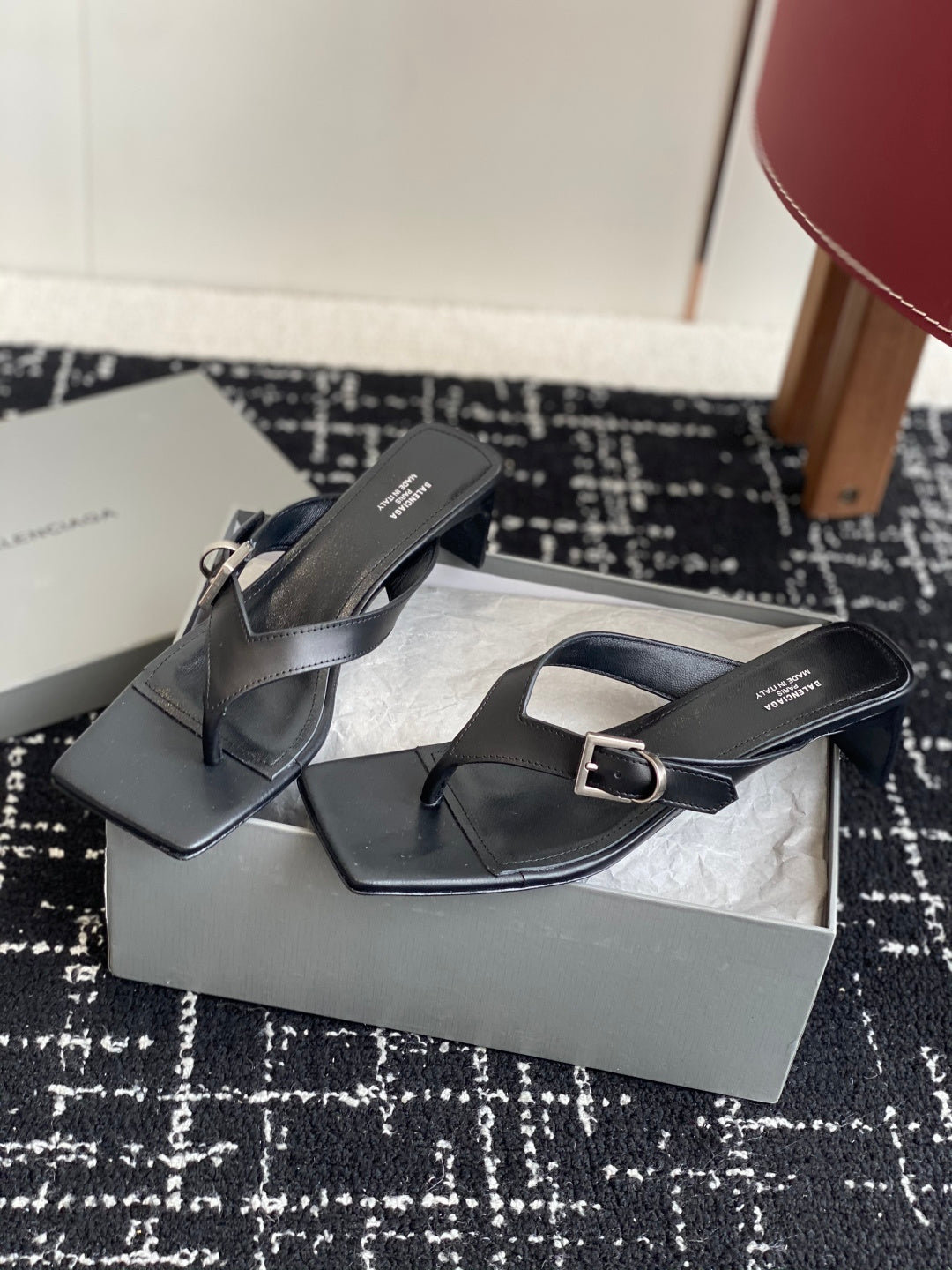 Balenciaga sandals with wide crossover straps and silver buckle, dark leather, block heel