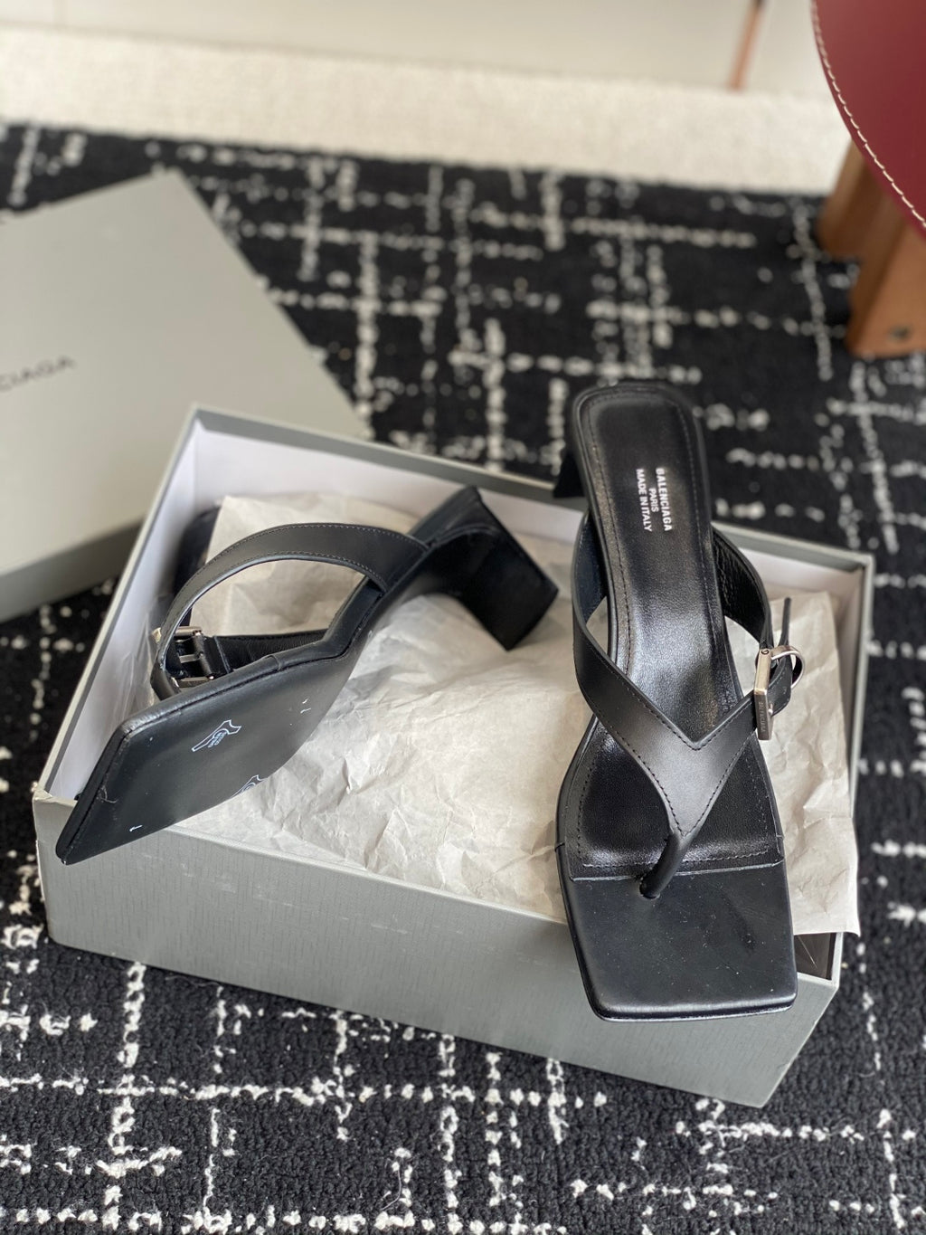 Balenciaga sandals, dark leather crossover straps, silver buckle closure, block heel