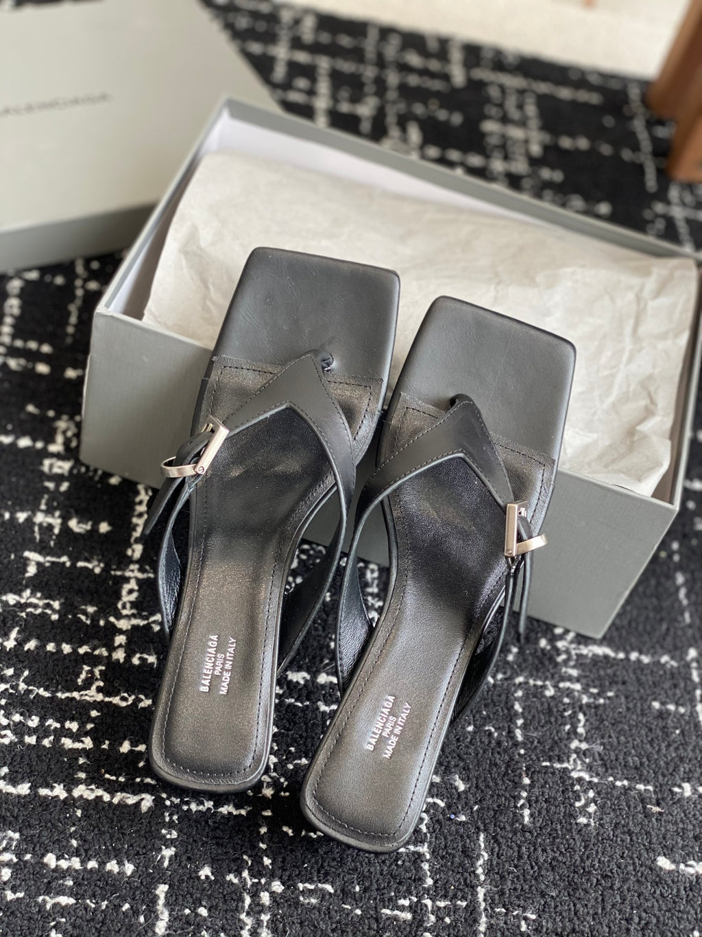 Balenciaga sandals, dark leather square-toe straps with silver buckle, low block heel