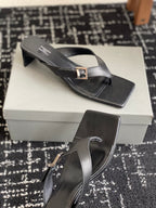Balenciaga sandals, dark leather toe and ankle straps with silver buckle, block heel