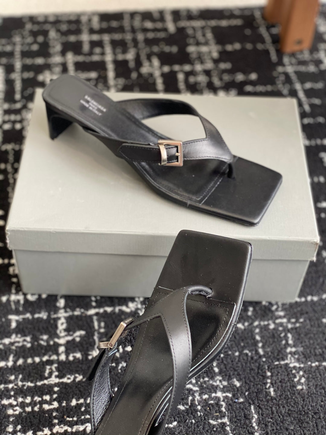 Balenciaga sandals, dark leather toe and ankle straps with silver buckle, block heel