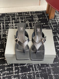 Balenciaga sandals in dark leather, double straps with silver buckle, low block heel