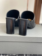 Balenciaga black heeled sandals showing stacked heel and back opening