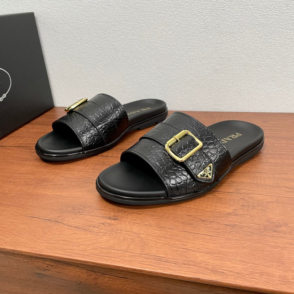 Prada black leather-look slide sandals with gold square buckle