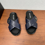 Prada navy slide sandals, wide straps with logo plaque, black footbed