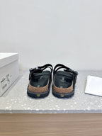 Dior sandals back view, black straps and heel counters with cork-look footbed