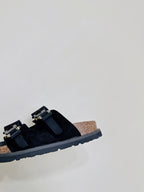 Dior sandals close-up side view with black straps and silver-tone buckle hardware