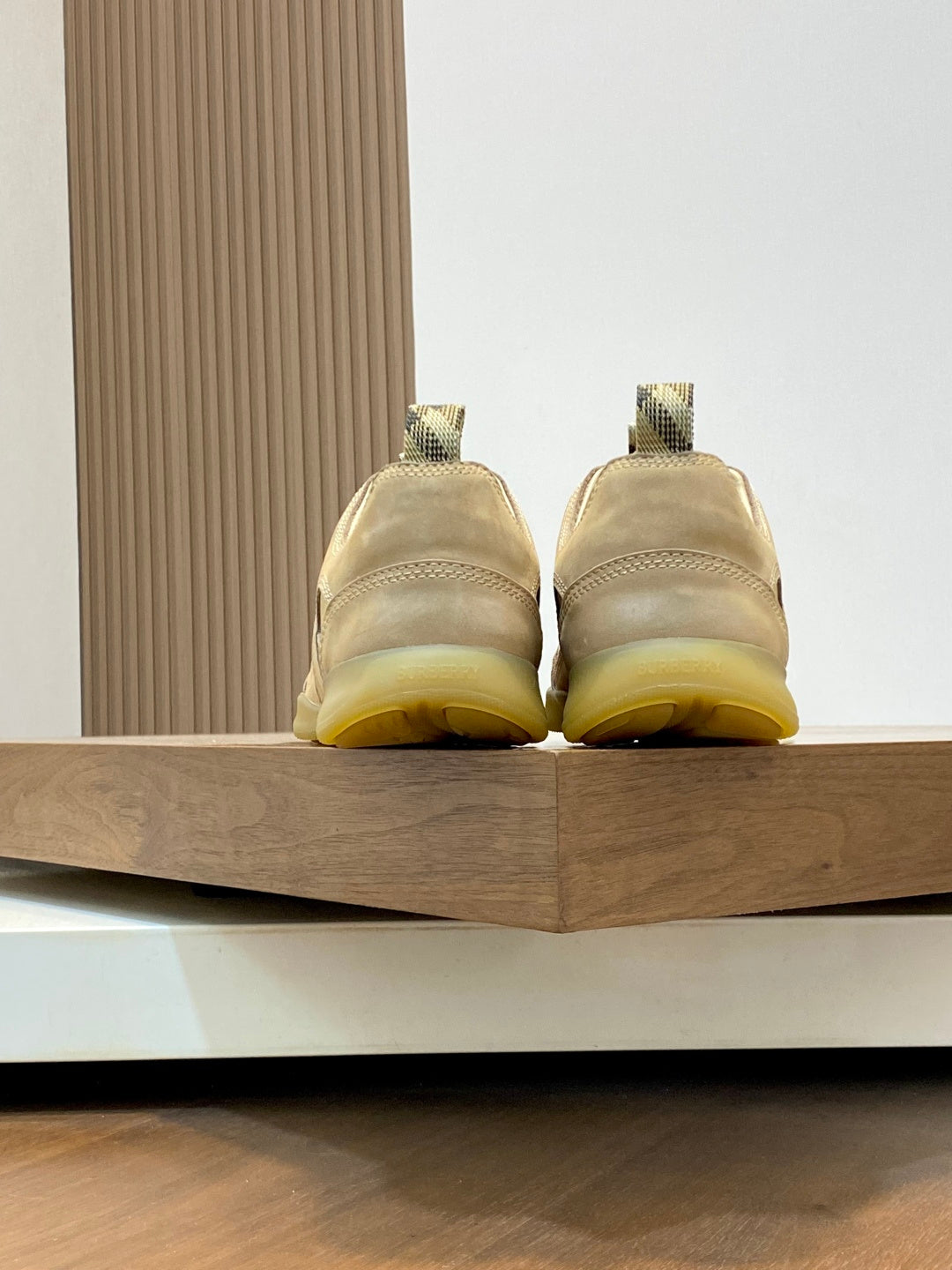 Burberry beige sneakers with rear view straps and yellow rubber soles