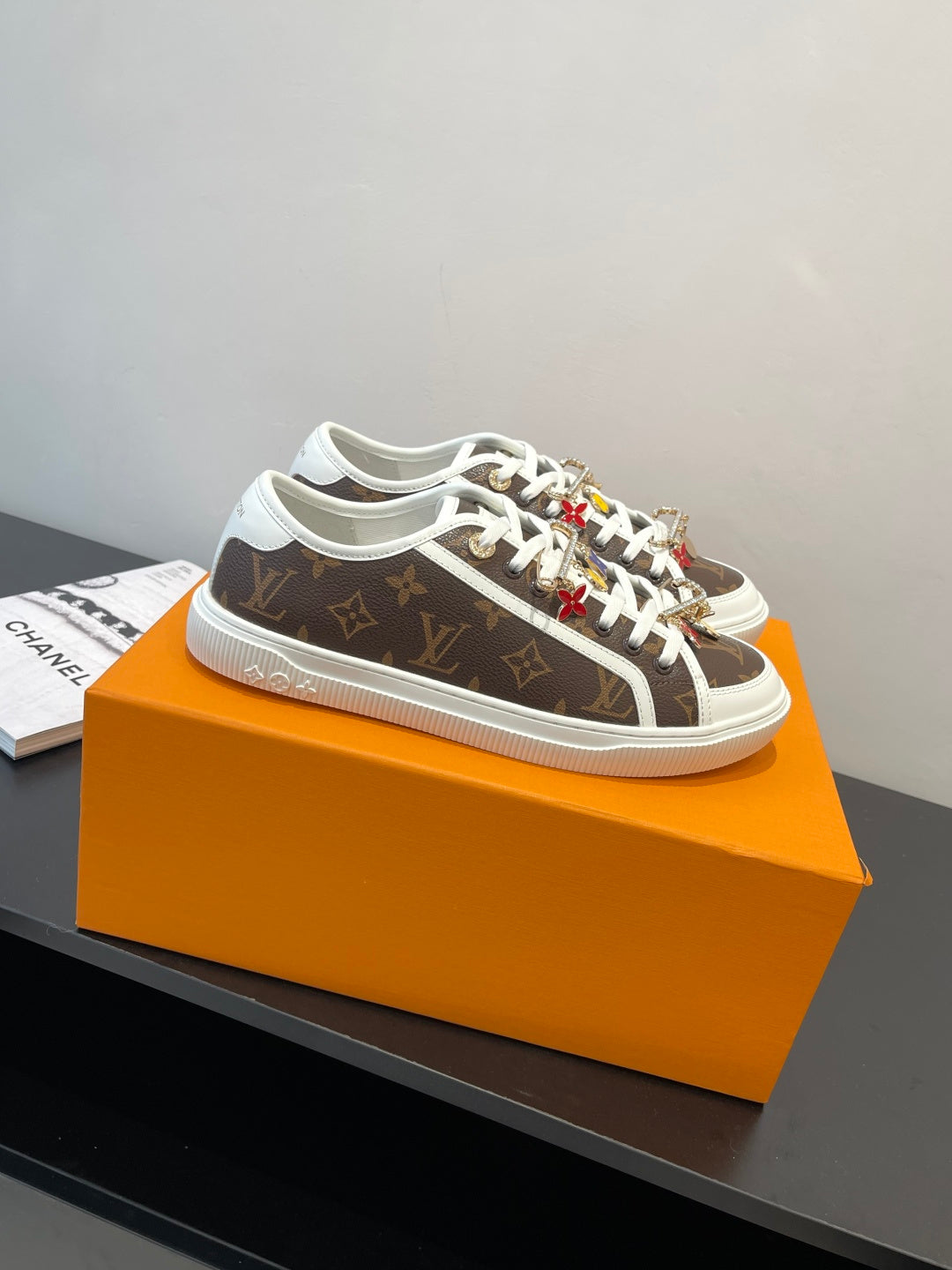 Louis Vuitton low-top sneakers, brown monogram canvas with white laces and white rubber sole