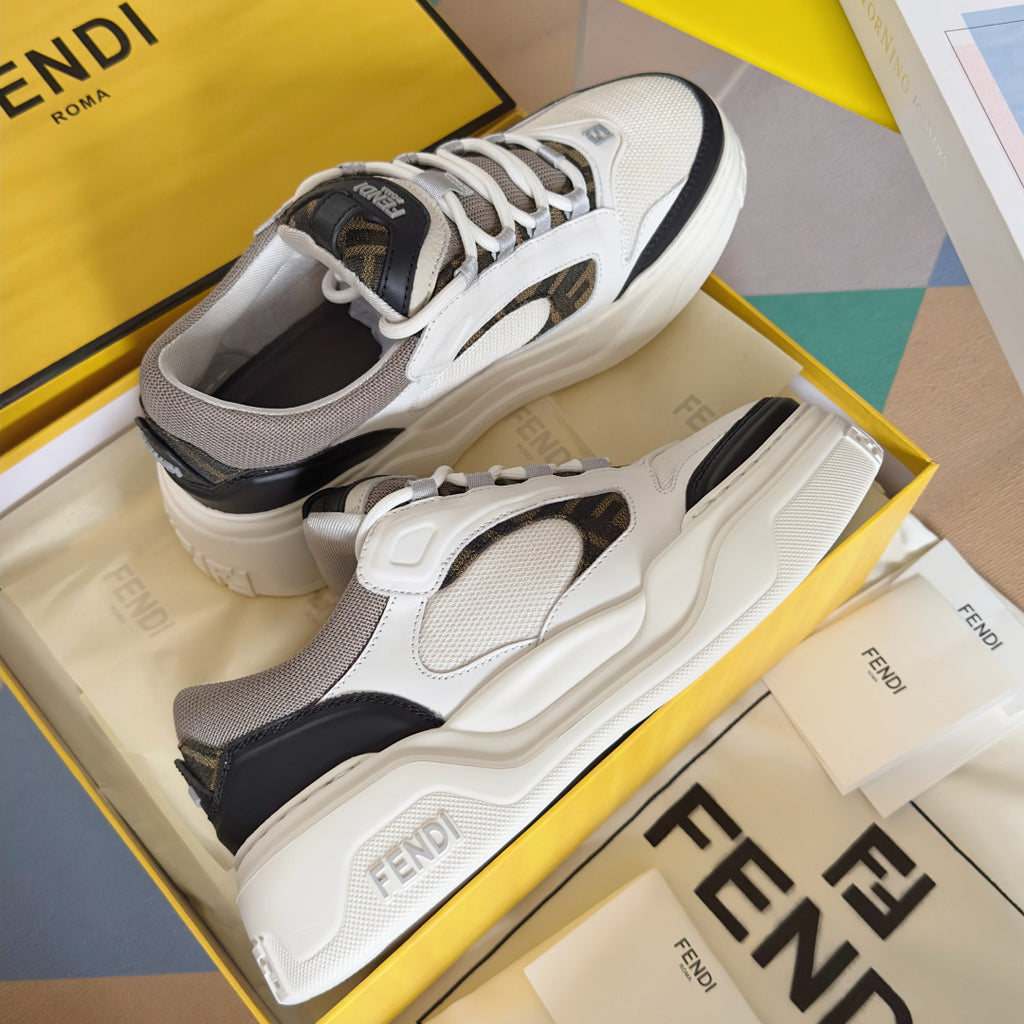 Fendi unisex sneakers, white and dark accents, side profile view with lace-up design
