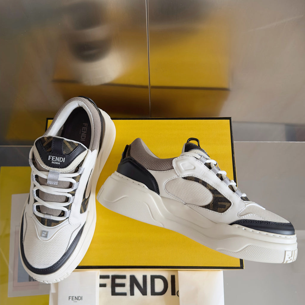 Fendi unisex sneakers, white leather and mesh with black panels, lace-up, chunky sole
