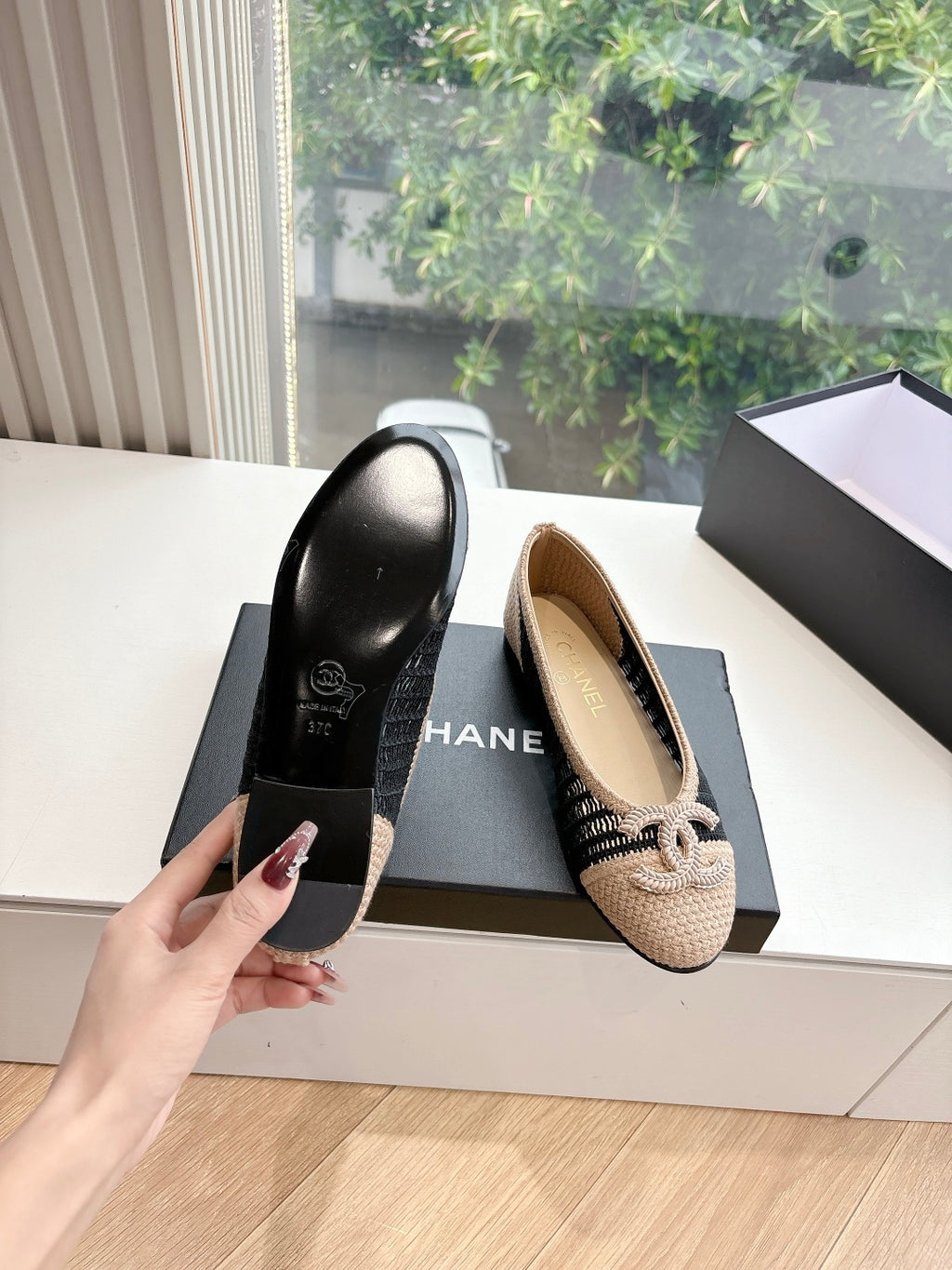Chanel ballet flats set with black sole and beige woven top, black knit accent