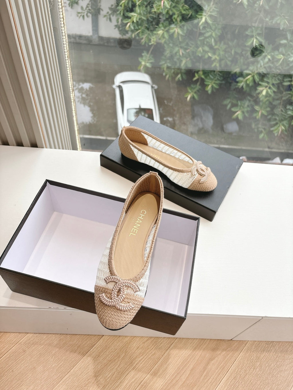Chanel ladies beige woven ballet flats with braided bow at the toe