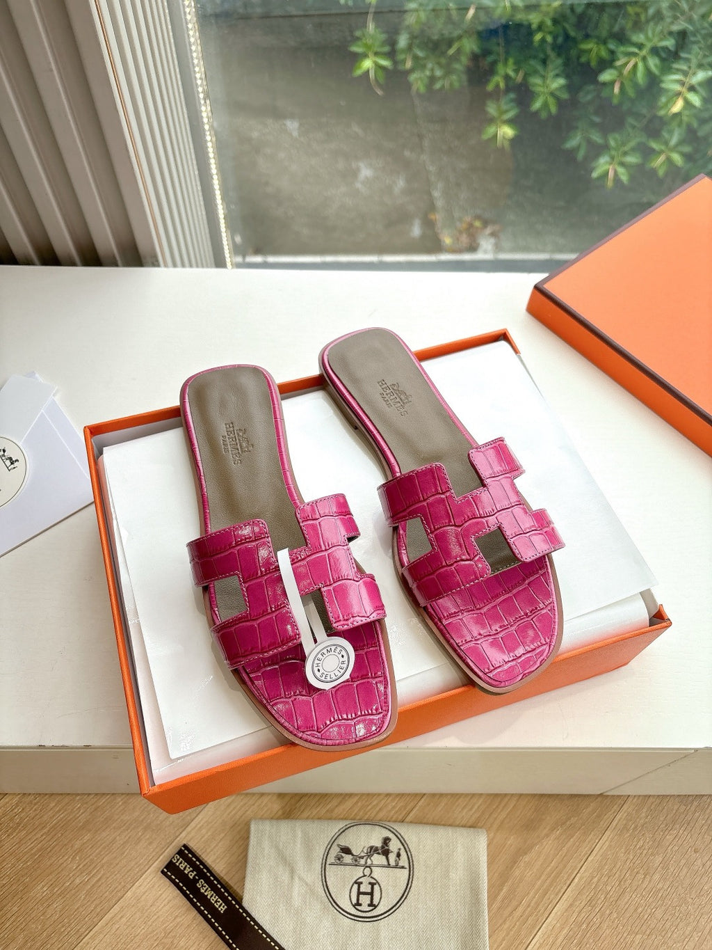 Hermes pink croc-pattern slide sandals, double straps with buckle