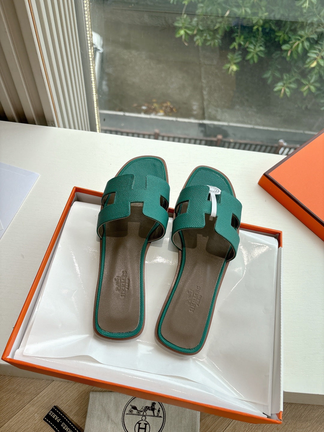 Hermes ladies sandals pair, teal green H-strap slides with cushioned footbeds