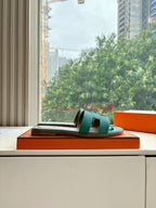 Hermes ladies slide sandals, teal green H strap on orange box display