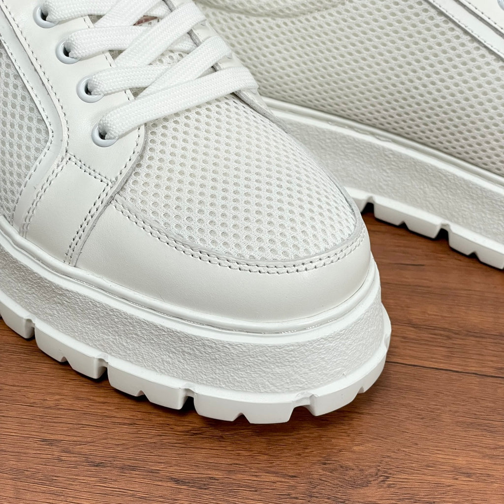 Unisex sneakers, white lace-up upper with textured panels, thick white sole