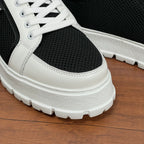 Prada unisex sneakers toe close-up, white leather toe cap over black mesh, lace-up sole