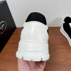 Prada unisex sneakers heel, white leather back with embossed logo, dark knit collar