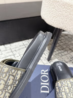 Dior slide sandal side view with beige Oblique logo print and dark sole