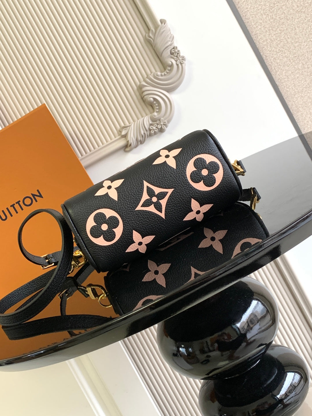 Louis Vuitton black monogram canvas shoulder bag with gold trim and strap
