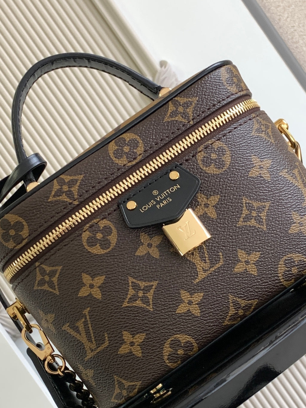 Louis Vuitton monogram mini bag close-up with gold zipper, logo patch, and leather trim.