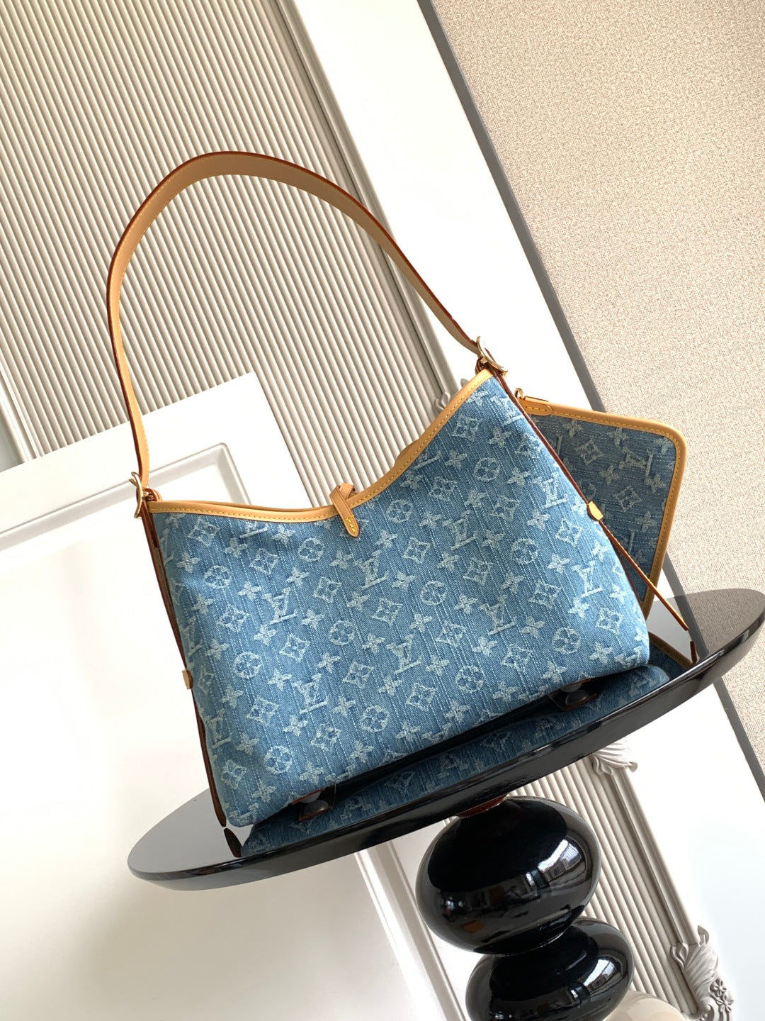 Louis Vuitton monogram tote bag in blue canvas with tan trim and top handles