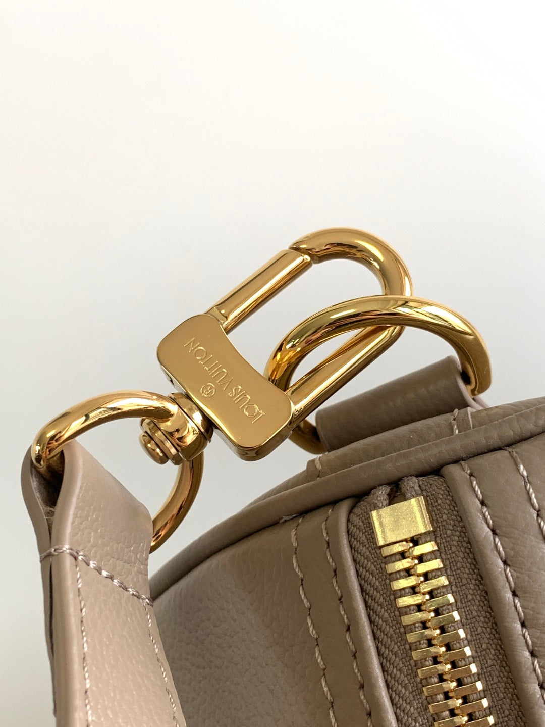 Louis Vuitton bag close-up: gold-tone hardware rings on taupe strap