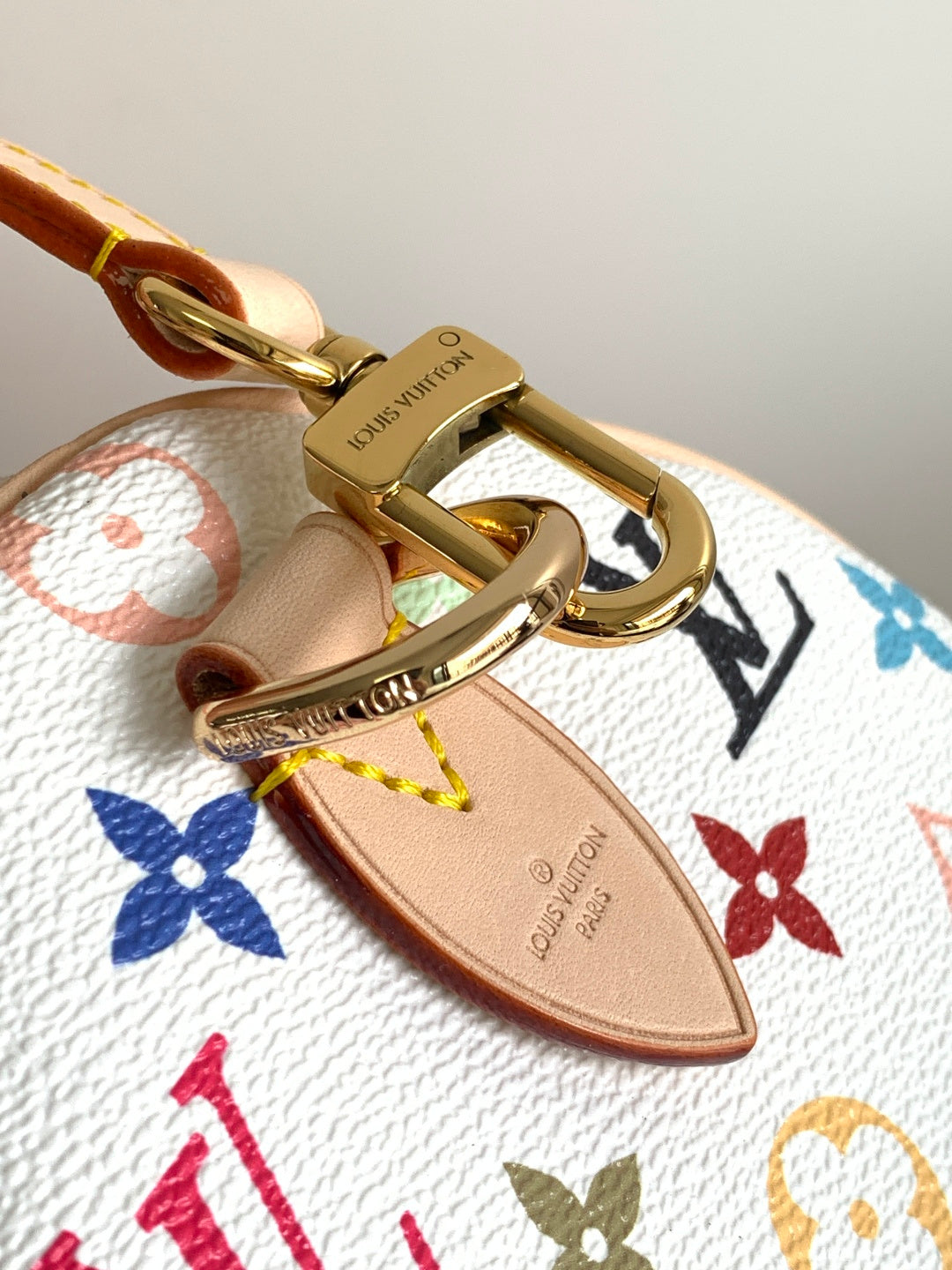 Louis Vuitton monogram handbag close-up of gold ring and tan leather strap tab