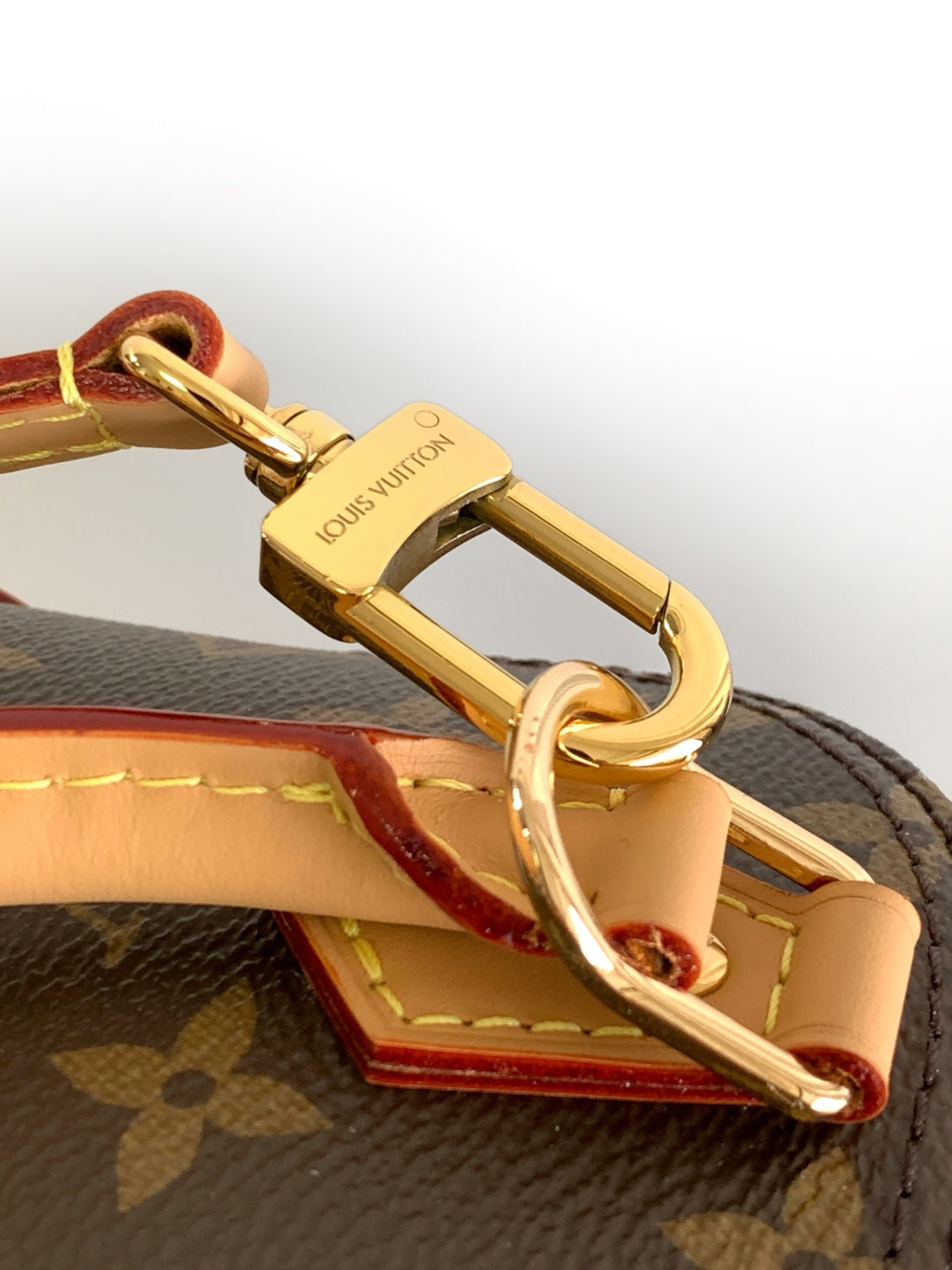 Louis Vuitton monogram bag with gold D-ring clasp and tan shoulder strap