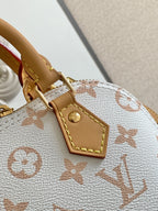 Louis Vuitton bag corner detail with tan leather trim and monogram pattern